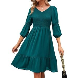 Women's Green 3/4 Lantern Sleeve V Neck Dress Flowy Ruffle Smocked Top Sz. M NWT
